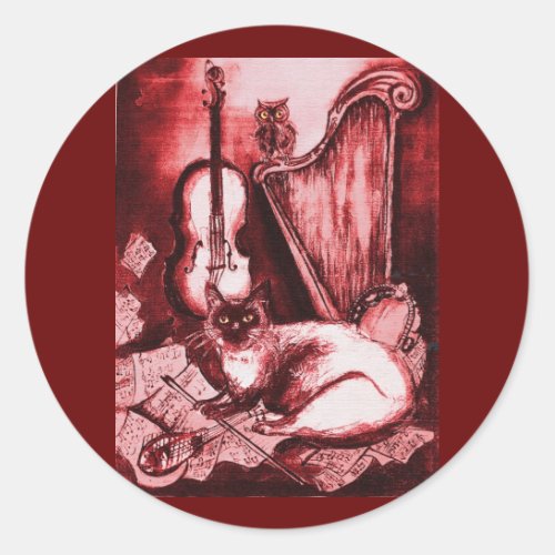 MUSICAL CAT WITH OWL Red White Classic Round Sticker