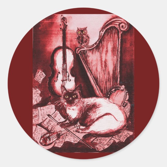 MUSICAL CAT WITH OWL ,Red ,White Classic Round Sticker (Front)
