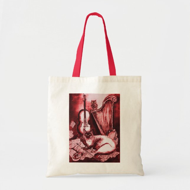 MUSICAL CAT WITH OWL ,Red ,White Tote Bag (Front)