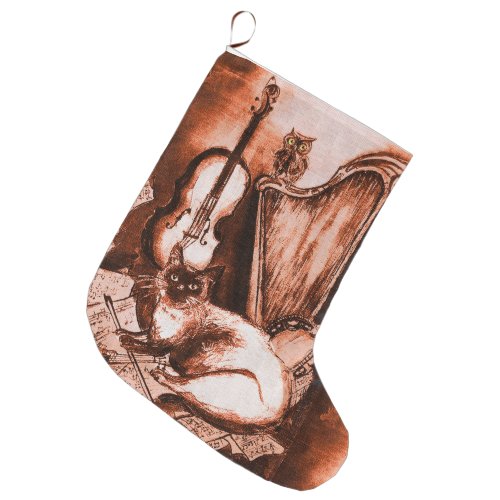 MUSICAL CAT WITH OWL VIOLIN AND HARP BROWN WHITE LARGE CHRISTMAS STOCKING