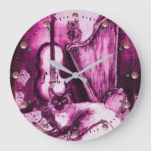 MUSICAL CAT WITH OWL VIOLIN AND HARP Pink Purple Large Clock