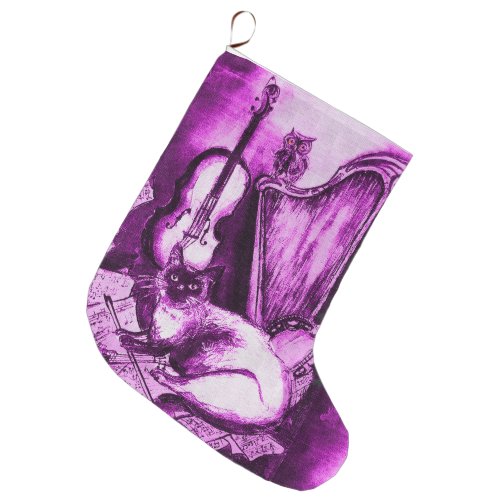 MUSICAL CAT WITH OWL VIOLIN AND HARP PURPLE WHITE LARGE CHRISTMAS STOCKING