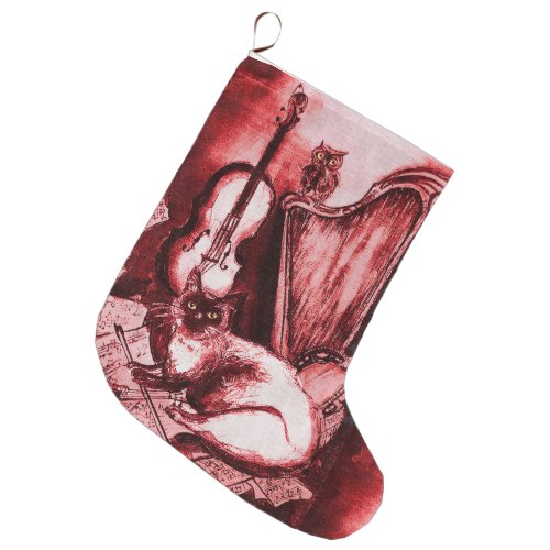 MUSICAL CAT WITH OWL VIOLIN AND HARP RED WHITE LARGE CHRISTMAS STOCKING
