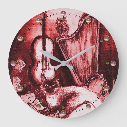 MUSICAL CAT WITH OWL VIOLIN AND HARP RED WHITE LARGE CLOCK
