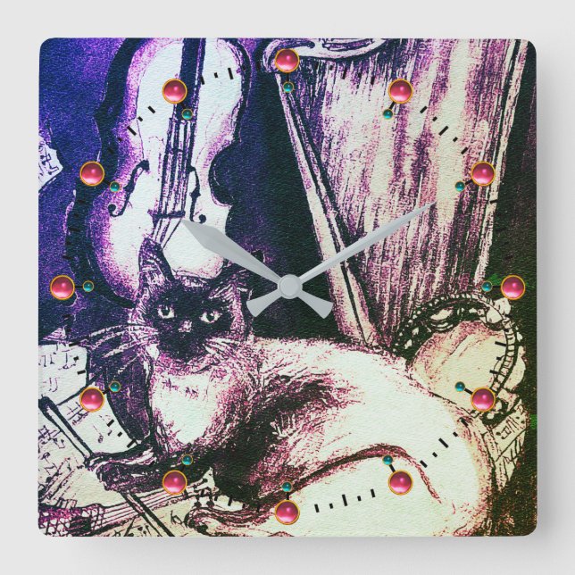 MUSICAL CAT WITH OWL VIOLIN AND HARP SQUARE WALL CLOCK (Front)