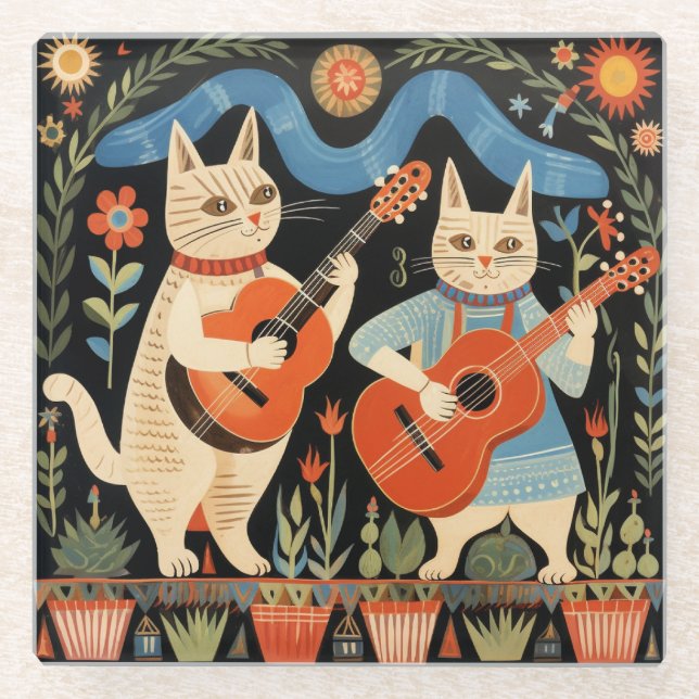 Musical Cats Folk Art Glass Coaster (Front)