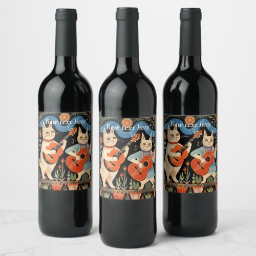 Musical Cats Folk Art TEMPLATE Wine Label