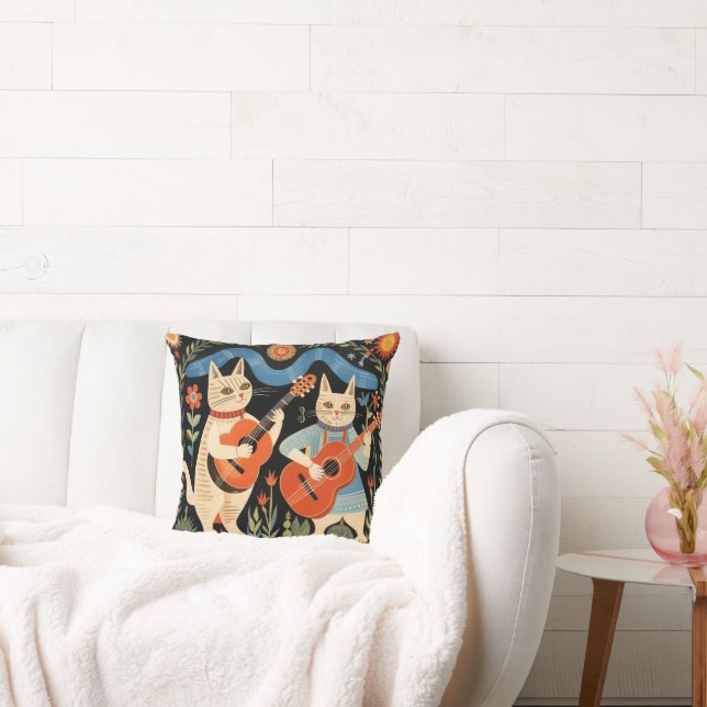 Musical Cats Folk Art Throw Pillow (Couch)