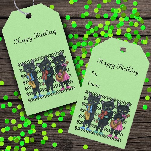 Musical Cats on Sheet Music With Instruments Green Gift Tags