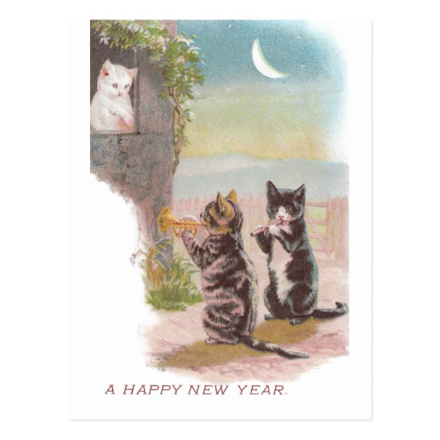 Musical Cats Play For Kitty Vintage New Year Postcard