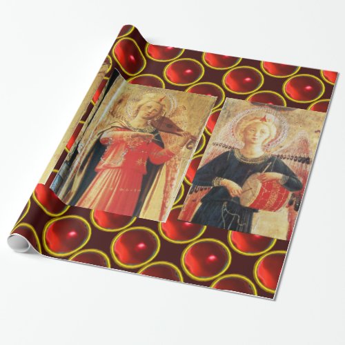 MUSICAL CHRISTMAS ANGELS SHINY RED RUBY GEMSTONES WRAPPING PAPER