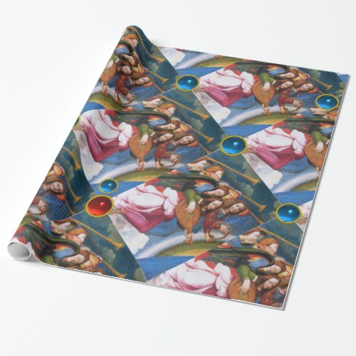 MUSICAL CHRISTMAS ANGELS WITH RED BLUE GEMSTONES WRAPPING PAPER