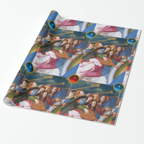 MUSICAL CHRISTMAS ANGELS WITH RED BLUE GEMSTONES WRAPPING PAPER