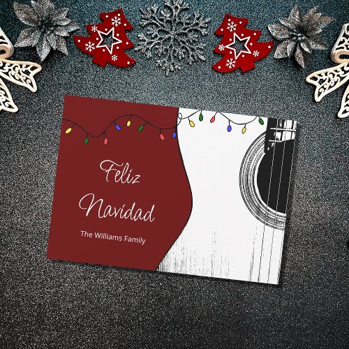 Musical Christmas Feliz Navidad Festive Guitar Red Holiday Card