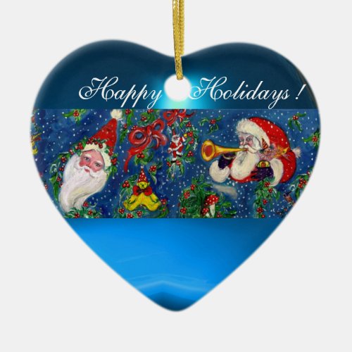 MUSICAL CHRISTMAS NIGHT SANTA BUGLER BLUE HEART CERAMIC ORNAMENT