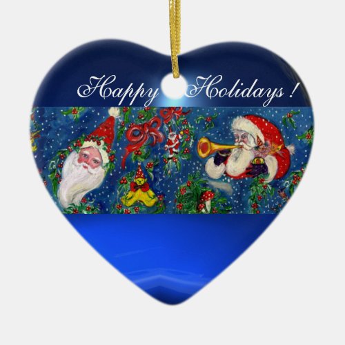 MUSICAL CHRISTMAS NIGHT SANTA BUGLER BLUE HEART CERAMIC ORNAMENT