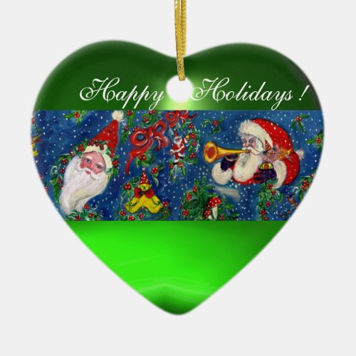 MUSICAL CHRISTMAS NIGHT SANTA BUGLER Green Heart Ceramic Ornament