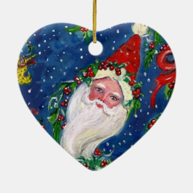 MUSICAL CHRISTMAS NIGHT,SANTA BUGLER Red Heart Ceramic Ornament (Back)