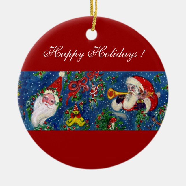 MUSICAL CHRISTMAS NIGHT,SANTA BUGLER Red Heart Ceramic Ornament (Front)