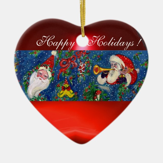 MUSICAL CHRISTMAS NIGHT,SANTA  BUGLER Red Heart Ceramic Ornament (Front)