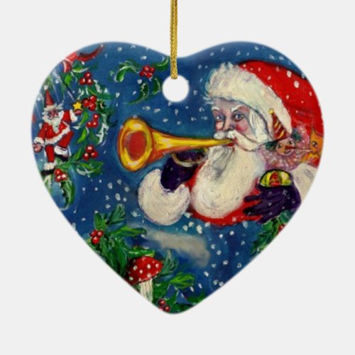 MUSICAL CHRISTMAS NIGHTSANTA BUGLER Red Heart Ceramic Ornament