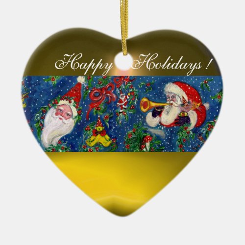 MUSICAL CHRISTMAS NIGHTSANTA  BUGLER Yellow Heart Ceramic Ornament