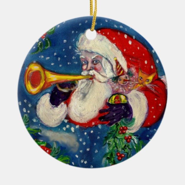 MUSICAL CHRISTMAS NIGHT /SANTA CLAUS BUGLER CERAMIC ORNAMENT (Front)