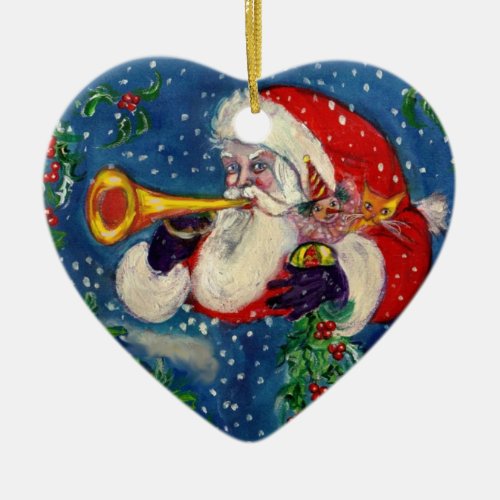 MUSICAL CHRISTMAS NIGHT SANTA CLAUS BUGLER CERAMIC ORNAMENT