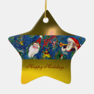 MUSICAL CHRISTMAS NIGHT SANTA CLAUS Yellow Star Ceramic Ornament