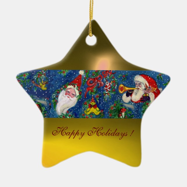 MUSICAL CHRISTMAS NIGHT SANTA CLAUS Yellow Star Ceramic Ornament (Front)
