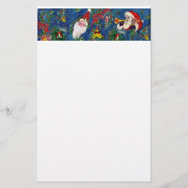 MUSICAL CHRISTMAS NIGHT,SANTA WITH TOYS Blue White Stationery (Front)