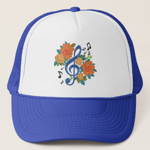 Musical Clef Note Orange Flowers Music Notes Blue Trucker Hat