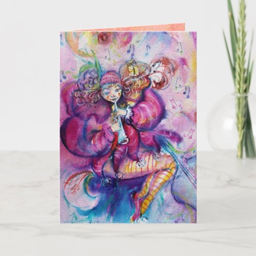 MUSICAL CLOWN AND PINK SPARKLES Valentines Day Holiday Card