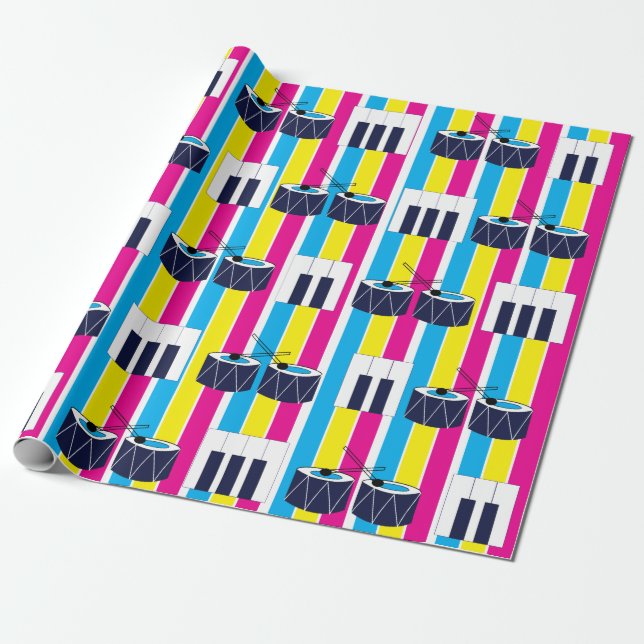 Musical Drums Piano Keys Colorful Stripes Music Wrapping Paper (Unrolled)