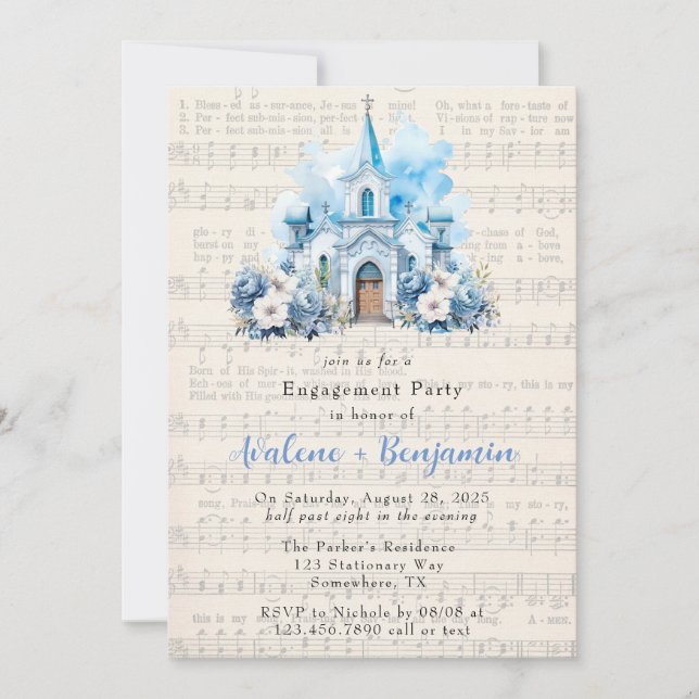Musical Dusty Blue Church Engagement Party Invitation (Front)