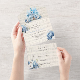 Musical Dusty Blue Peony Church Wedding All In One Invitation