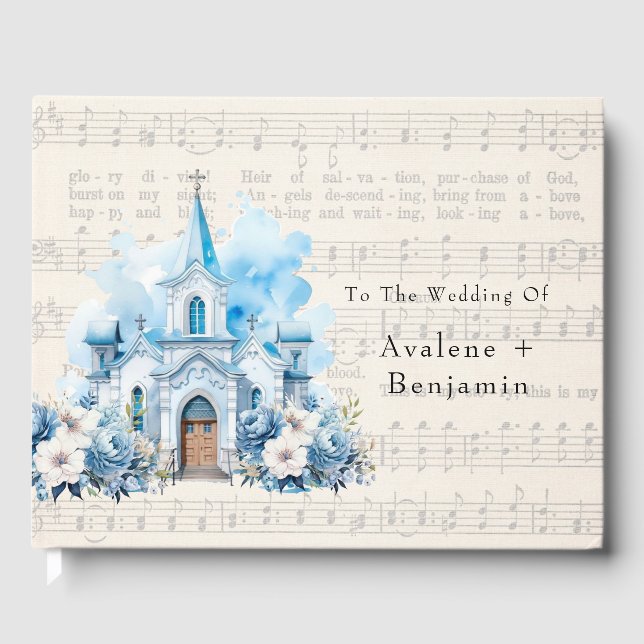 Musical Dusty Blue Peony Church Wedding Guest Book (Front)