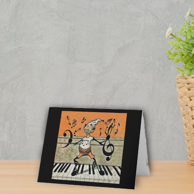 Musical Elf Note on Piano Note Card (Fantasy Elf with music notes for arms and legs standing on piano keys on notecards.)