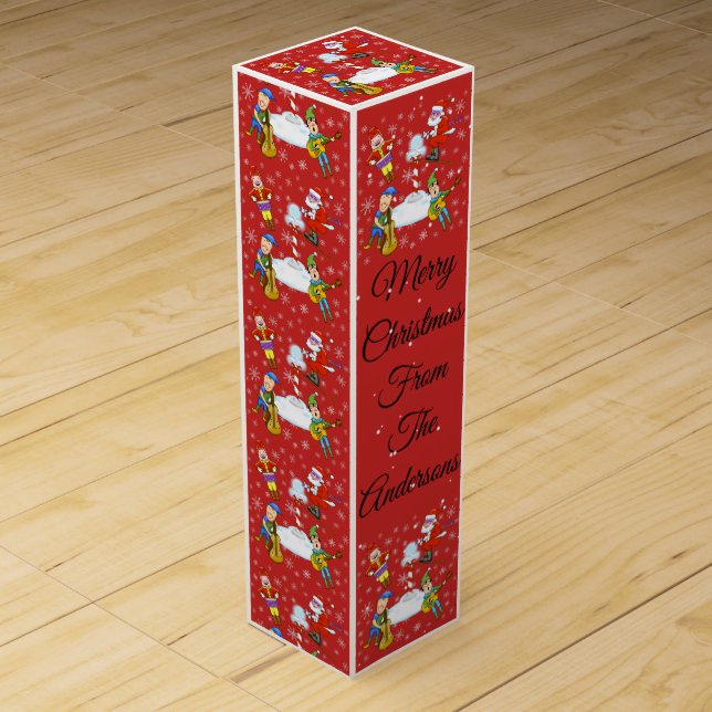 Musical Elves at North Pole Wine Gift Box (Front)