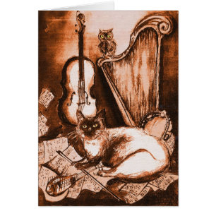 MUSICAL FATHER'S DAY CAT AND OWL ,Brown White Cards