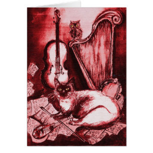 MUSICAL FATHER'S DAY CAT AND OWL ,Red  White Cards