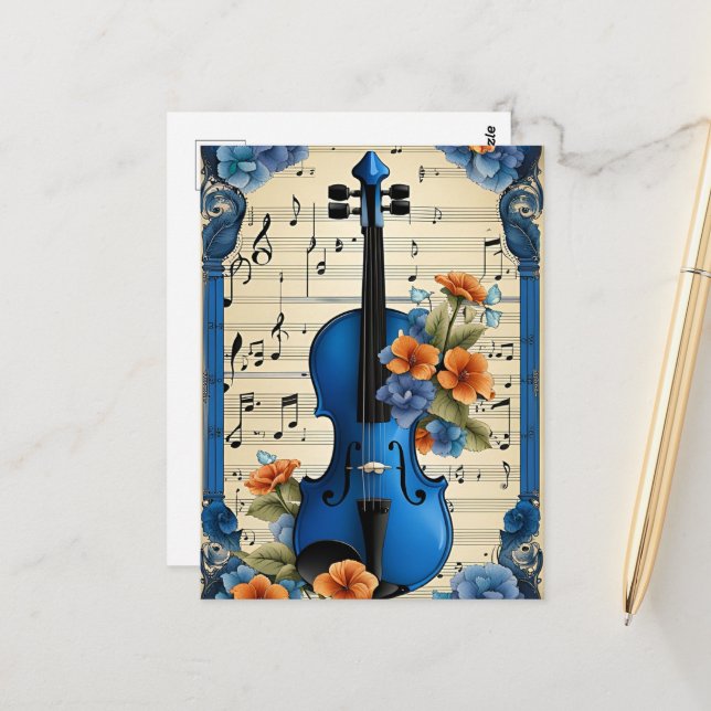 Musical Festival in Blue, Violin, Postcard (Front/Back In Situ)