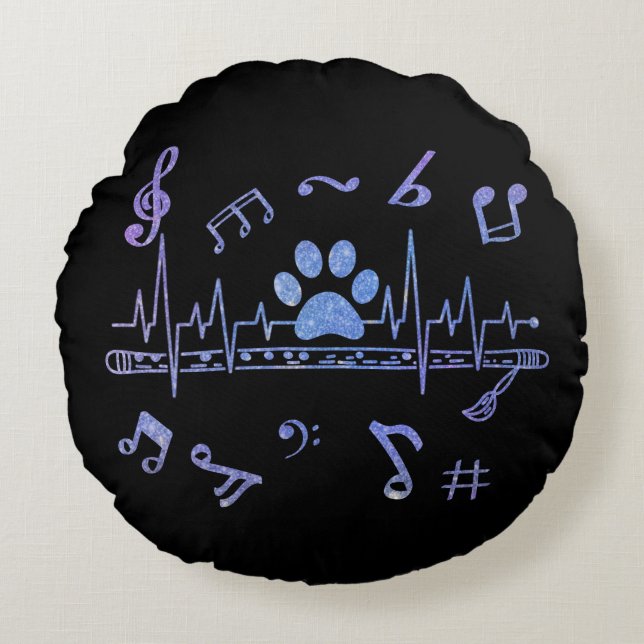Musical Flute with Paw Prints Round Pillow (Front)