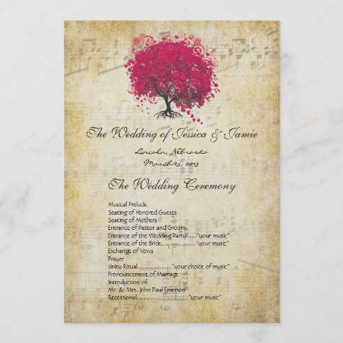 Musical Fuchsia Heart Leaf Tree Wedding Program