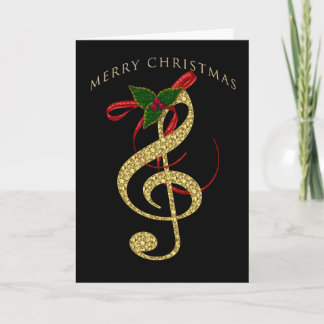 Musical G-Clef Christmas Greeting on Black Holiday Card
