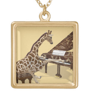 Musical Giraffe Playing Grand Piano Gold Plated Necklace