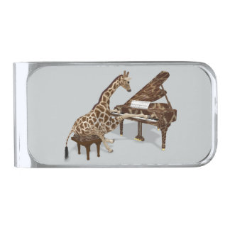 Musical Giraffe Playing Grand Piano Silver Finish Money Clip