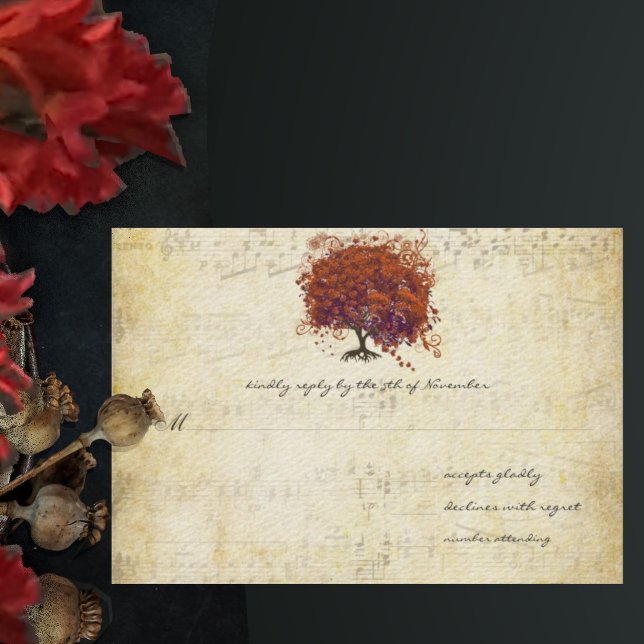 Musical Gold Coral Plum Heart Leaf Tree Wedding RSVP Card (Creator Uploaded)