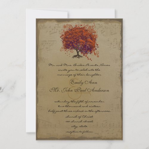 Musical Gold Dark Coral Heart Tree Wedding Invite