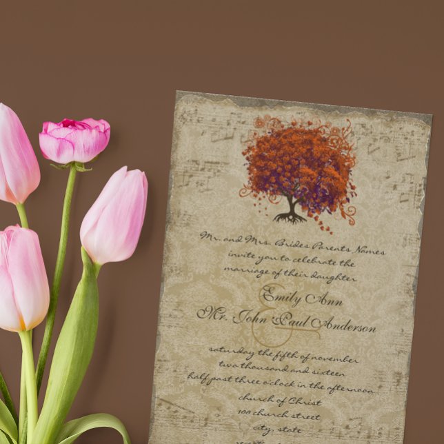 Musical Gold Dark Coral Heart Tree Wedding Invite (Creator Uploaded)